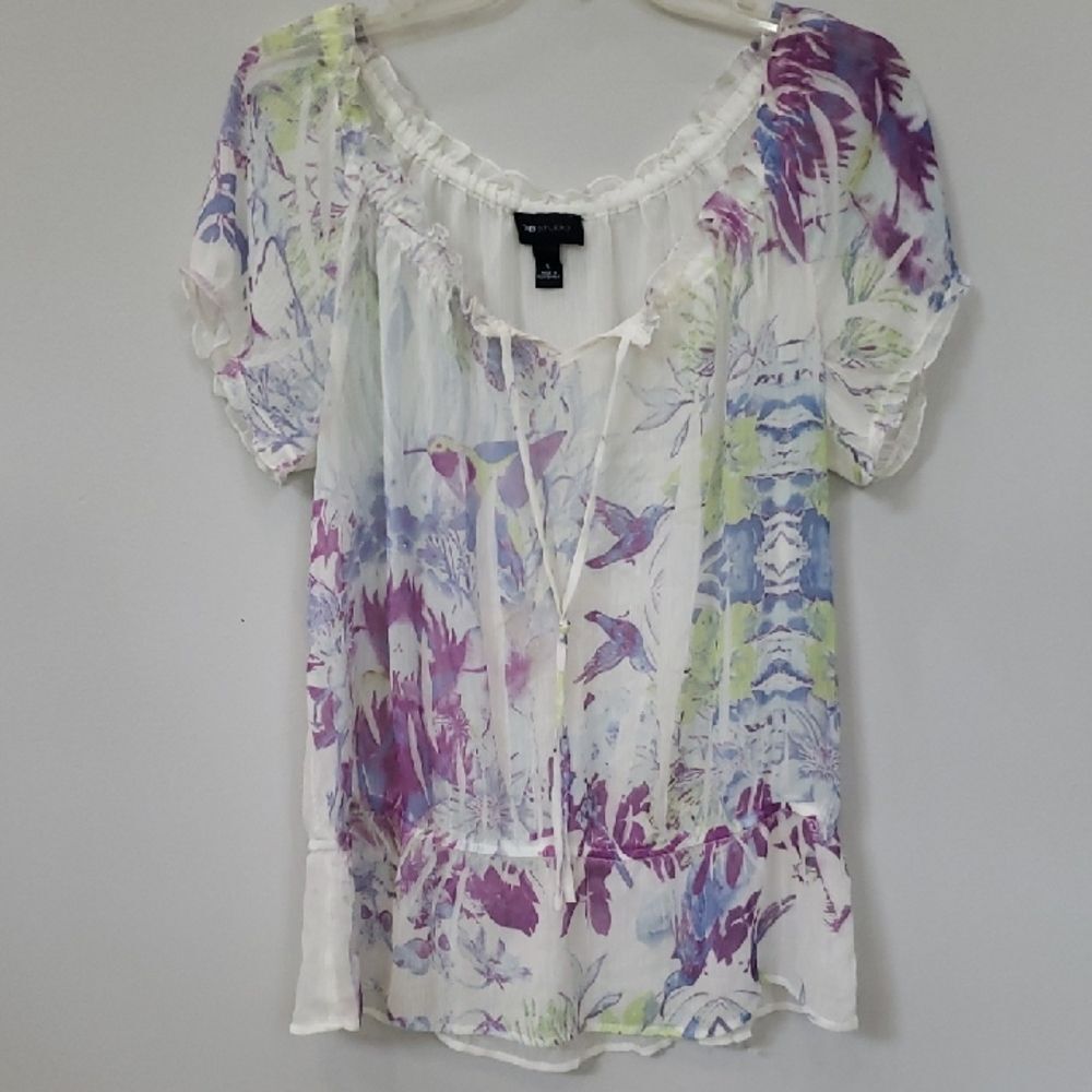 Y2K AB Studio Top Womens L Hummingbird Floral Garden Fairy Bohemian Tunic